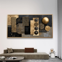 תמונת קנבס אבסטרקטית לרוחב בגווני שחור וזהב עם צורות גאומטריות וטקסטורות יוקרתיות
