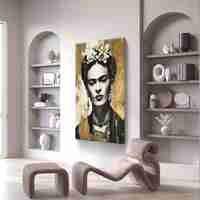 דיוקן זהב פרידה קאלו מונוכרומטי – תמונת קנבס אישה בשחור לבן וזהב | DC4472