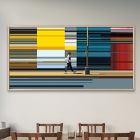 תמונת קנבס מודרנית עם דמות צועדת על רקע קווים צבעוניים מופשטים בגווני צהוב, אדום וטורקיז – NEXTGEN BY BAR