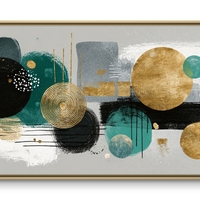 תמונת קנבס לרוחב עם עיגולים גיאומטריים בגווני טורקיז וזהב.