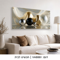 כדורי מתכת יוקרתיים – תמונת זכוכית לרוחב אבסטרקט תלת־ממדי בגווני זהב ושחור | VA8861