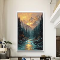 נהר זהוב בין ההרים – תמונת קנבס נוף הרים ויער בגווני כחול וזהב | DC4474