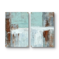 סט תמונות זכוכית זוגי בגווני טורקיז, לבן וחלודה בעיצוב אבסטרקטי – תכשיט לבית