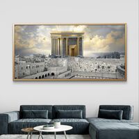 תמונת קנבס לרוחב של בית המקדש מעל ירושלים עם אור זהב שמיימי, עיצוב קדוש ומרומם לבית – מבית תכשיט לבית