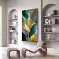 קימורים בטורקיז וזהב – תמונת קנבס אבסטרקט גיאומטרית בגווני ירוק, זהב ואפור | DC4471