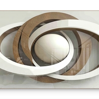 תמונת זכוכית לרוחב עם עיצוב אבסטרקטי של מעגלים חופפים וכדור מרכזי בגווני לבן וחום, בהדפסה חלקה