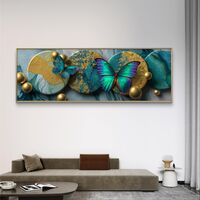 תמונת קנבס פנורמית עם פרפרים בגווני טורקיז וזהב בהדפסה חלקה – תכשיט לבית