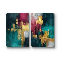 תמונת זכוכית זוגית אבסטרקטית בגווני טורקיז ובורדו עם נגיעות זהב, הדפסה חלקה ללא תבליט