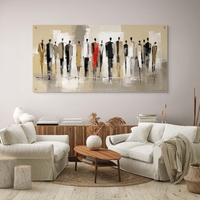 תמונת זכוכית לרוחב עם דמויות מופשטות בצבעי שחור, לבן ובז’ ונגיעה אדומה דרמטית, מתוך קולקציית תכשיט לבית.