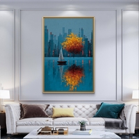 תמונת קנבס נוף עירוני עם עץ שלכת וסירה במים