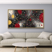 תמונת קנבס אבסטרקטית לרוחב בגווני שחור, אדום וצהוב עם קווים דינמיים ונגיעות זהב