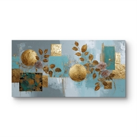 תמונת קנבס לרוחב בעיצוב אבסטרקטי בגווני תכלת וזהב עם אלמנטים גיאומטריים ועלים דקורטיביים לסלון