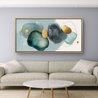 תמונת קנבס לרוחב בסגנון אקוורל בגווני טורקיז אפור וכחול עם נגיעות זהב עדינות – תכשיט לבית