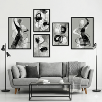 סט קנבס של חמש תמונות אבסטרקטיות בשחור ולבן עם קווים ודמויות בסגנון מודרני
