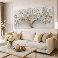 עץ פריחה זהוב – תמונת קנבס לרוחב פרחים לבנים ועלי זהב לסלון | VA4952