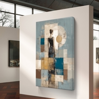 תמונת קנבס של דמות נשית בגב לצופה עם קומפוזיציה גאומטרית בגווני תכלת, קרם וחום בהדפסה חלקה