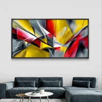 תמונת קנבס אבסטרקטית לרוחב בגווני צהוב, אדום ואפור עם קווים דינמיים ותנועה מודרנית
