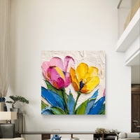 תמונת קנבס מרובעת עם פרחים ורודים וצהובים בסגנון אימפסטו על רקע בהיר