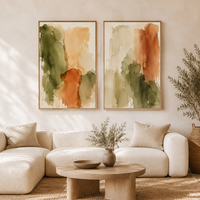 זוג תמונות קנבס אבסטרקט אקוורל בירוק וכתום | דגם SR106