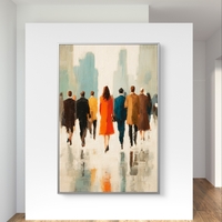 ציור קנבס אורבני בסגנון מודרני עם אנשים בתנועה והשתקפות רכה