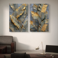 תמונת זכוכית זוגית עם עלים בגווני אפור וזהב בהדפסה חלקה יוקרתית