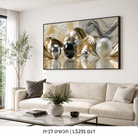 כדורי מתכת וגלי משי זהב – תמונת קנבס לרוחב אבסטרקט תלת מימדי בגווני זהב כסף ושחור