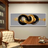 קשר אינסוף – תמונת קנבס פנורמית עם טבעות מכחול בשחור וזהב על רקע אפור | CT4673