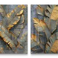 תמונת זכוכית זוגית עם עלים בגווני אפור וזהב בהדפסה חלקה יוקרתית