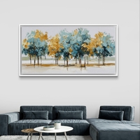 אמנות קנבס ארוכה לסלון בגוונים כחולים וזהובים