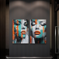 זוג תמונות זכוכית בסגנון אורבני עם פורטרט נשי בגווני טורקיז וכתום על רקע מופשט מודרני