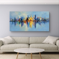 תמונת קנבס לרוחב עם קו רקיע עירוני צבעוני והשתקפות במים בעיצוב מודרני