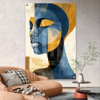 תמונת זכוכית מודרנית של פרופיל נשי מופשט בגווני כחול וזהב – תכשיט לבית