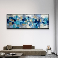 תמונת קנבס פנורמית מופשטת בגווני כחול וטורקיז עם נגיעות זהב – תכשיט לבית