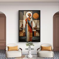 תמונת קנבס עם דמות נשית מופשטת בסגנון גאומטרי בגווני אדמה וכחול בעיצוב אלגנטי ומודרני