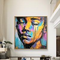 תמונת קנבס דיוקן צבעוני בסגנון סטריט-ארט עם כתום, טורקיז, ורוד וטפטופי צבע