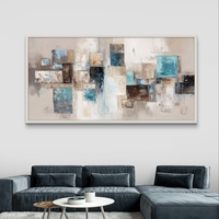 תמונת קנבס לרוחב בעיצוב אבסטרקטי עם צורות גאומטריות בגווני תכלת, בז’ ושמנת