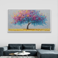 תמונת קנבס לרוחב של עץ פורח בצבעי ורוד ותכלת בסגנון אומנותי לעיצוב הבית