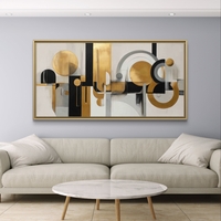 תמונת קנבס גאומטרית לרוחב בגווני שחור, לבן וזהב עם צורות מעוגלות וקווים מודרניים