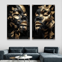 זוג תמונות זכוכית בעיצוב פורטרט מודרני בשחור וזהב עם פרגמנטים גיאומטריים יוקרתיים