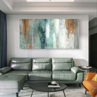 תמונת זכוכית לרוחב בעיצוב אבסטרקטי עם שכבות צבע אנכיות בגווני טורקיז, שמנת וחלודה, בהדפסה חלקה למראה מודרני ורגוע.