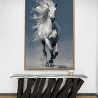 תמונת קנבס של סוס לבן דוהר על רקע כחול עמוק