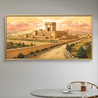 תמונת קנבס לרוחב המציגה את בית המקדש המפואר עם חומות עתיקות, עצים ירוקים ורקע שמיים בגווני ורוד-כתום.