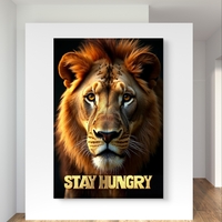 תמונת קנבס של אריה מביט קדימה עם טקסט Stay Hungry בצבע זהב, מתוך קולקציית M-X ART לעיצוב מעורר השראה