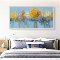 תמונת קיר רגועה לסלון עם עצים דקים ואווירה אוורירית בצבעי תכלת וזהב