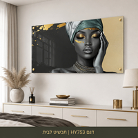 מלכת הזהב – תמונת זכוכית לרוחב דיוקן נשי שחור וזהב לסלון | HY753