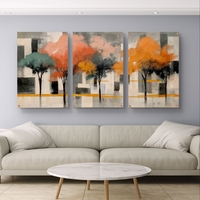 שלשת תמונות זכוכית עצים אבסטרקטיים בגווני כתום, אפרסק וטורקיז – דגם GG5473