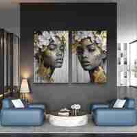 סט תמונות זכוכית זוגי עם פורטרט נשי אבסטרקטי בגווני שחור לבן ונגיעות זהב