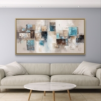 תמונת קנבס לרוחב בעיצוב אבסטרקטי עם צורות גאומטריות בגווני תכלת, בז’ ושמנת