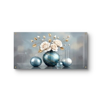 תמונת זכוכית אגרטל טורקיז עם ורדים לבנים ועלים מוזהבים, עיצוב אלגנטי לסלון