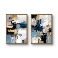 תמונת קנבס זוגית אבסטרקטית בגווני כחול, שחור ולבן עם נגיעות זהב בעיצוב מודרני